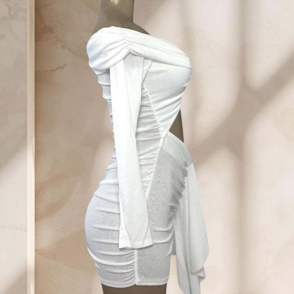 White Cutout Mini Dress – Off Shoulder Long Sleeve Ruched Bodycon Sexy Chic ✧ L - Picture 2 of 4